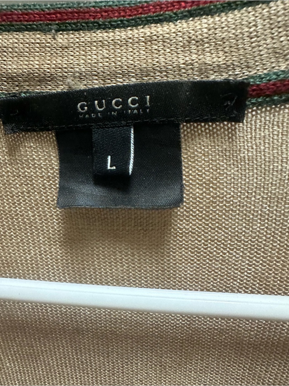 Gucci Beige Knit Top with Red and Green Web Trim. Small snag shown in pic.